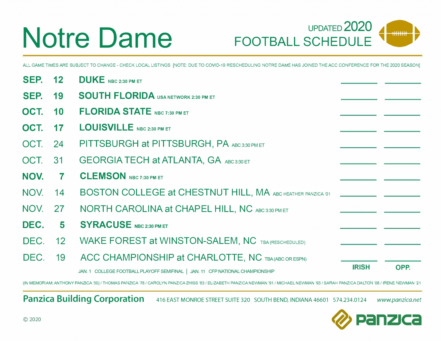 Notre Dame Football Schedule | Panzica Building Corporation