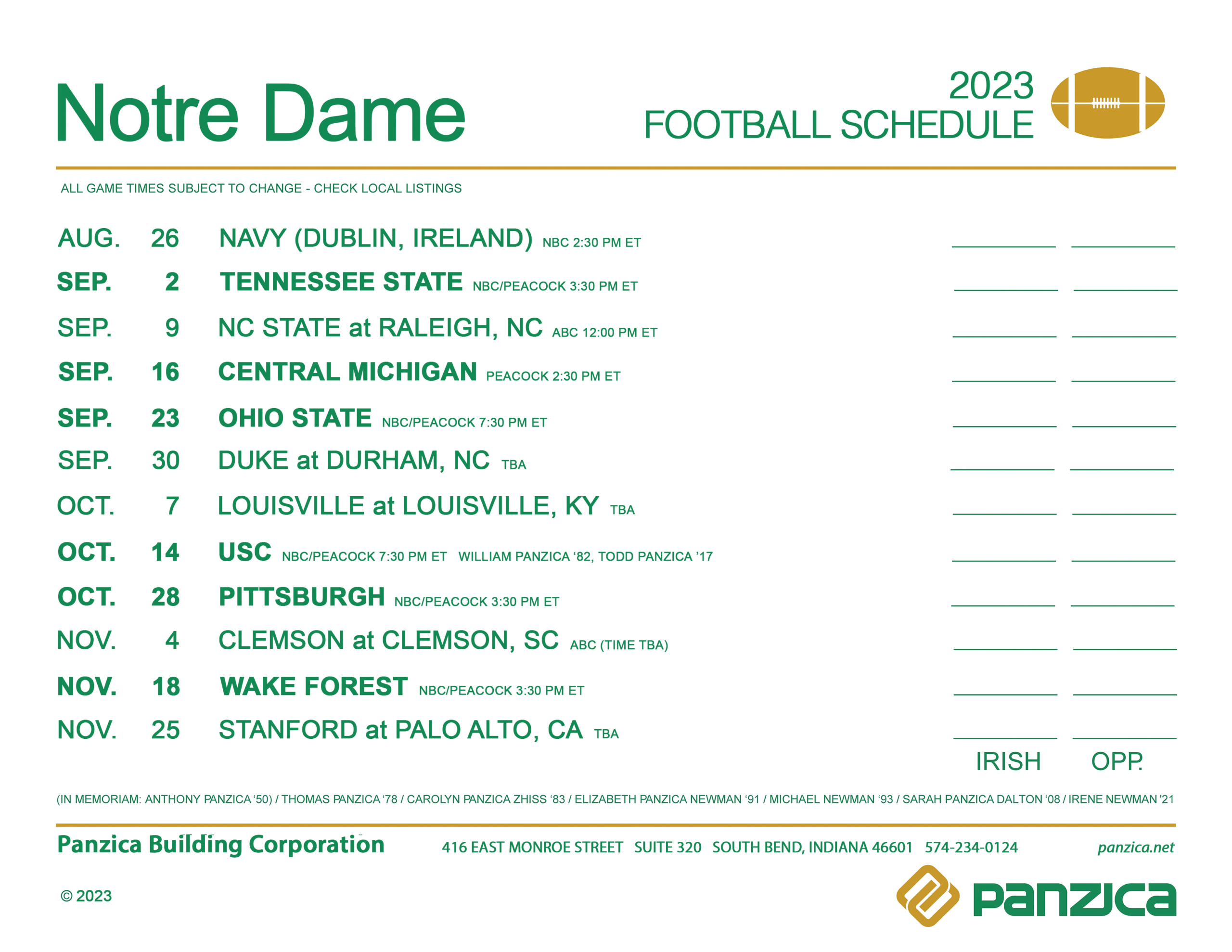 Notre Dame Football Schedule - Panzica Building Corporation